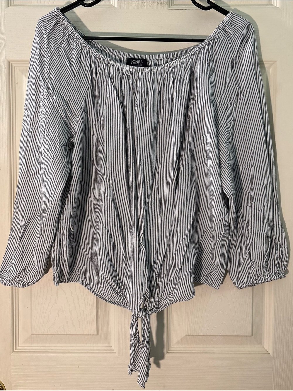 Jones New York Navy & White Striped Off-Shoulder Tie-Front Blouse